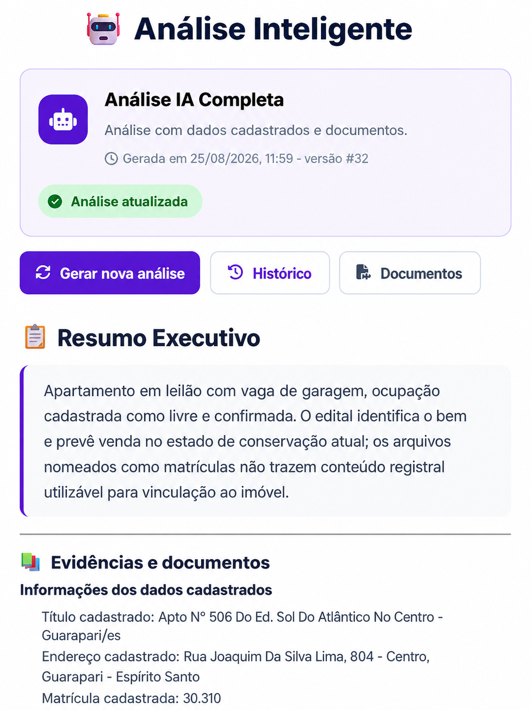 Exemplo aprimorado de análise completa por inteligência artificial realizada no portal Caça Leilões